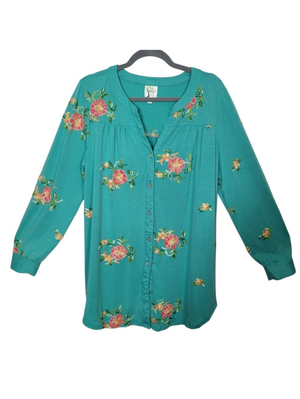 Fig & Flower Green Floral Embroidered Button Front Tunic Blouse Sz 1X Bohemian